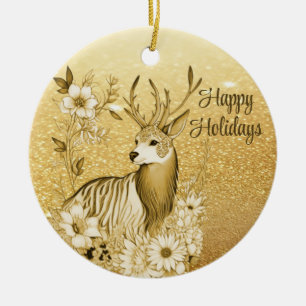 Guld Blommigt Reindeer Julgransprydnad Keramik