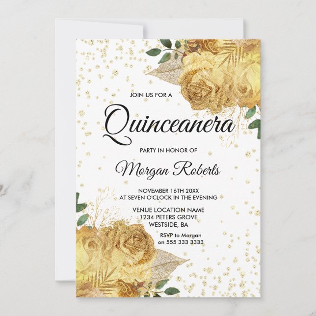 Guld Blommigt Ro Quinceanera Party Inite Inbjudningar (Framsida)