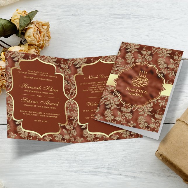 Guld Blommigt Rust Orange Islamisk muslimsk Bröllo Inbjudan (Skapare uppladdad)