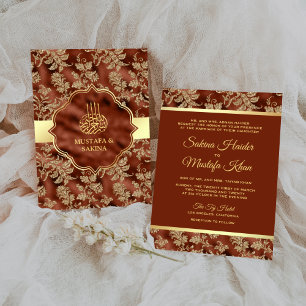 Guld Blommigt Rust Orange Islamisk muslimsk Bröllo Inbjudningar