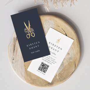 Guld Blommigt Scissors Logotyp QR-kod Hairstylist Visitkort