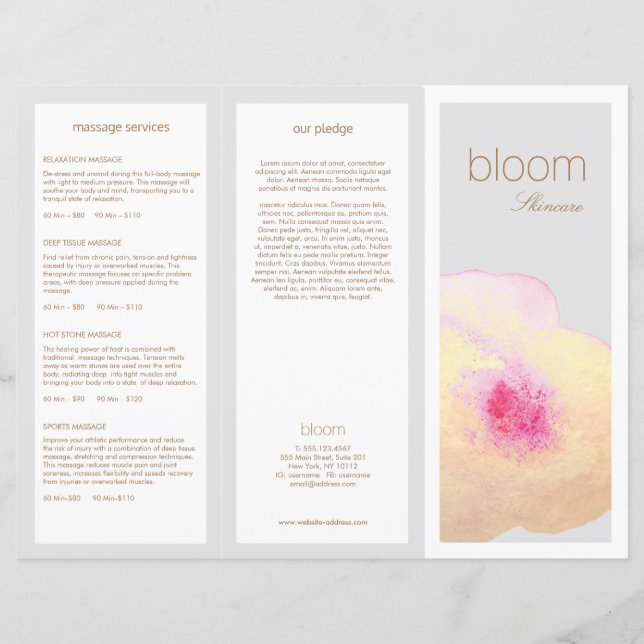 Guld Blommigt Skin Care Spa TriFold Brochure (Framsida)