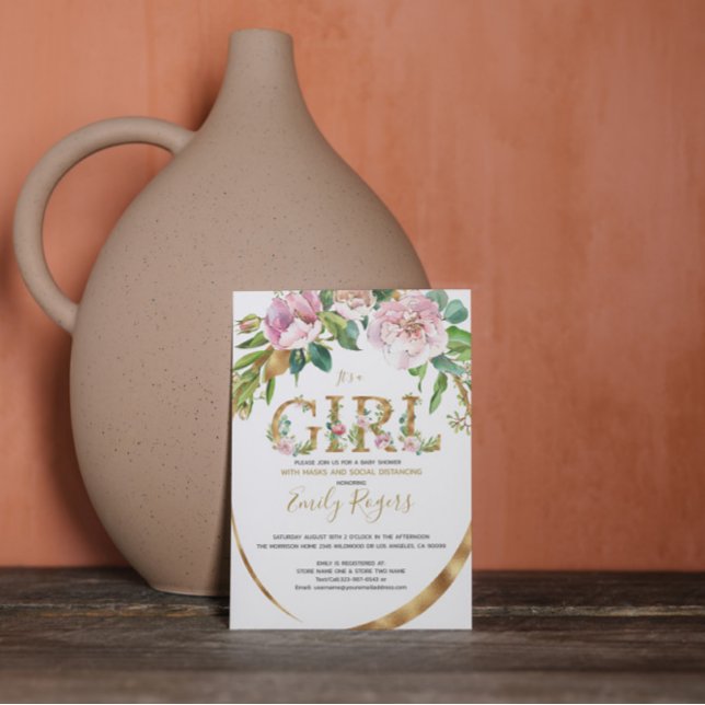 Guld blommigt skriver ut Girl Baby Shower Spara Datumet (Skapare uppladdad)