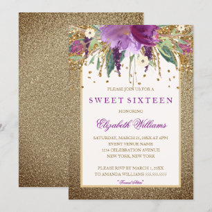 Guld Blommigt Sparkling Amethyst Sweet sixteen Inbjudningar
