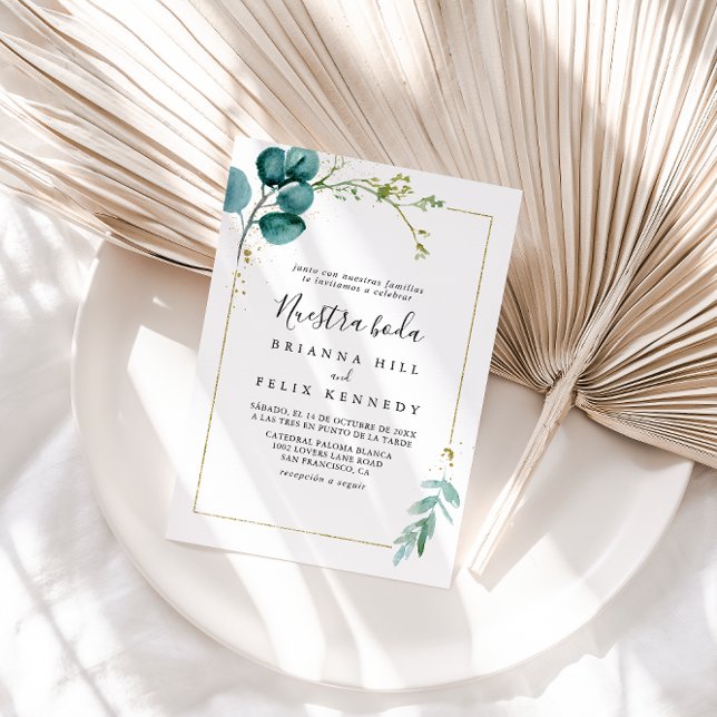 Guld Blommigt Tropical Greenery Nuestra Boda Bröll Inbjudningar (Skapare uppladdad)