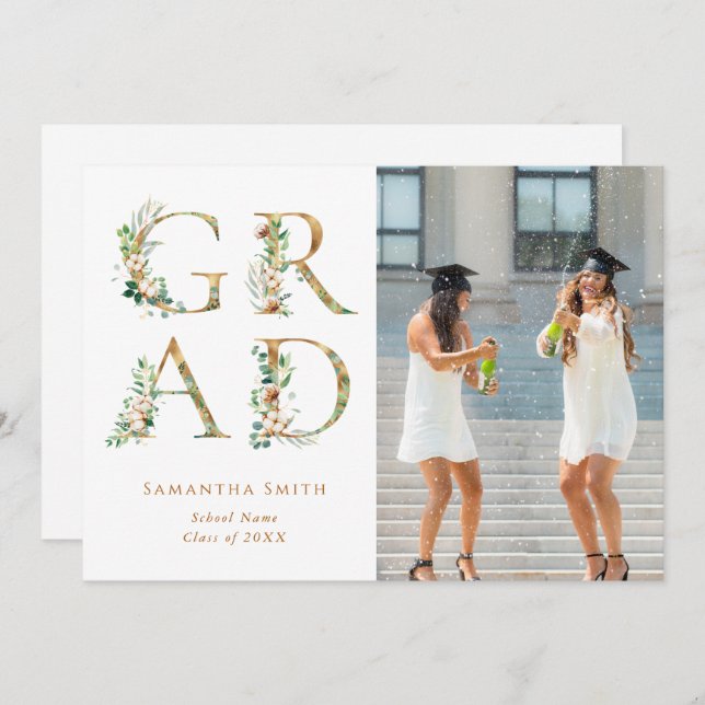 Guld Blommigt Typografi Modern Photo Studenten Meddelande (Fram/baksida)