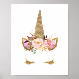 Guld Blommigt Unicorn Ansikte Nursery Print Poster
