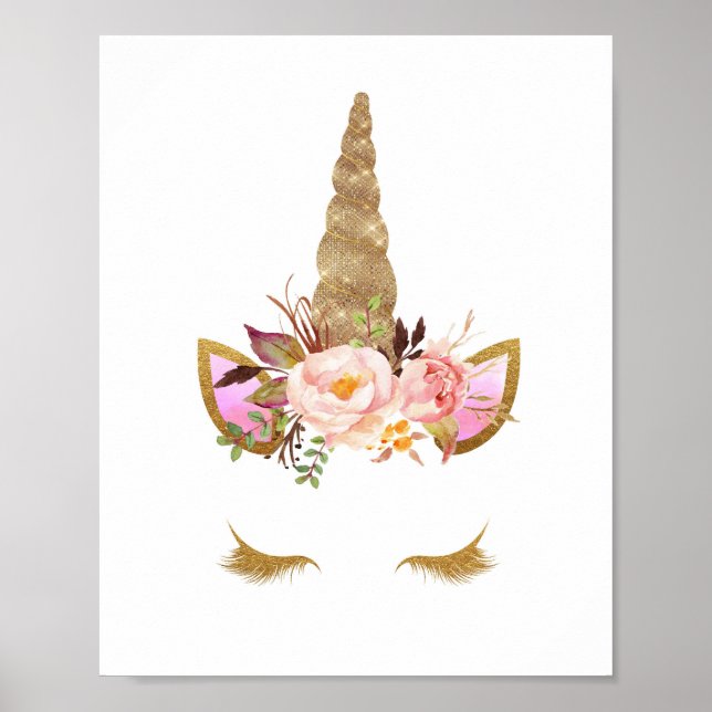 Guld Blommigt Unicorn Ansikte Nursery Print Poster (Framsidan)