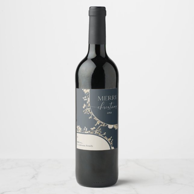 Guld Blommigt Utandning Blå jul Vinflaska Etikett (Framsida)
