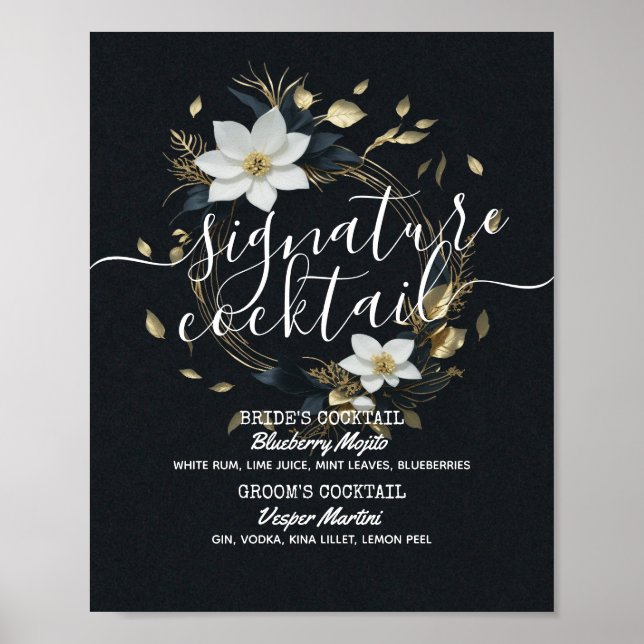 Guld Blommigt Utandning Bröllop Namnteckning Drink Poster (Framsidan)