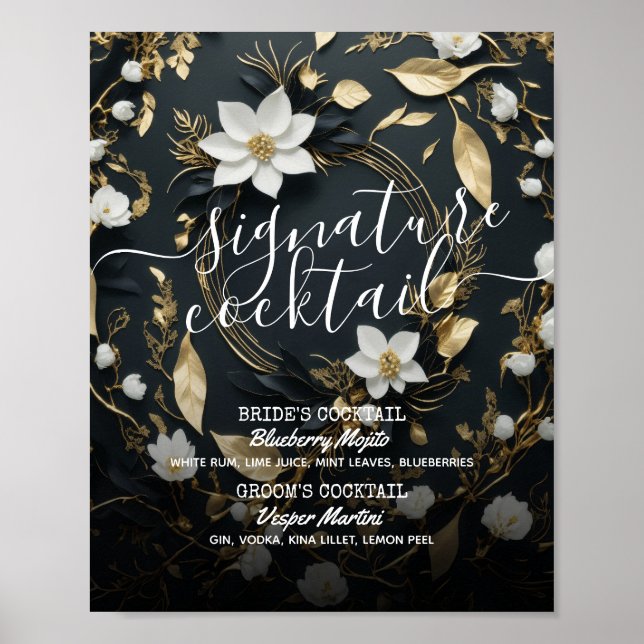 Guld Blommigt Utandning Bröllop Namnteckning Drink Poster (Framsidan)