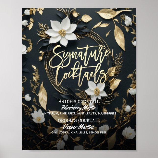 Guld Blommigt Utandning Bröllop Namnteckning Drink Poster (Framsidan)