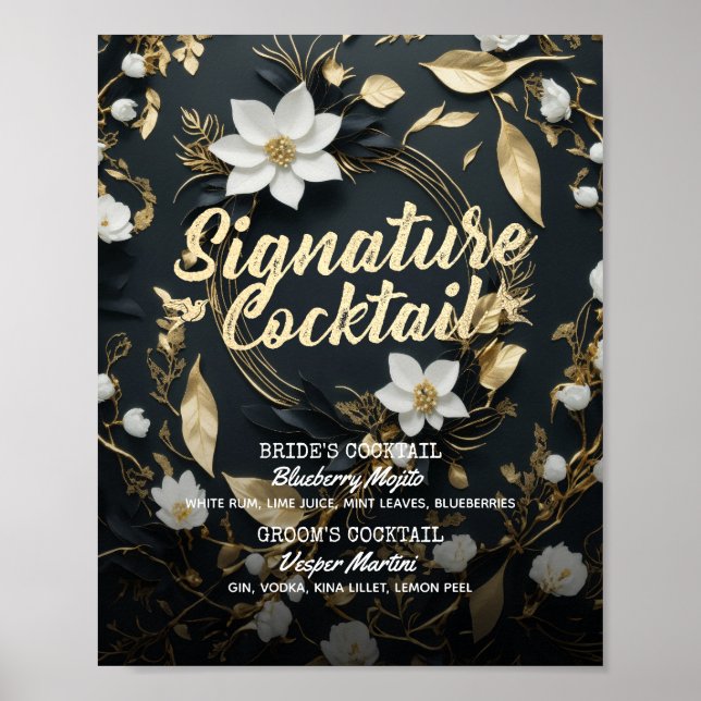 Guld Blommigt Utandning Bröllop Namnteckning Drink Poster (Framsidan)