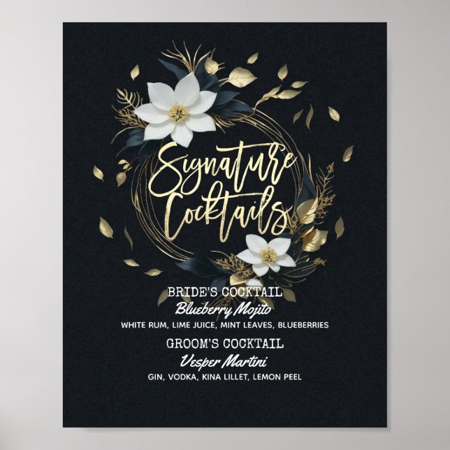 Guld Blommigt Utandning Bröllop Namnteckning Drink Poster (Framsidan)