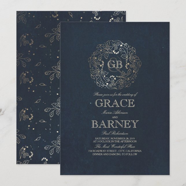 Guld Blommigt Utandning Monogram Vintage Tunga Brö Inbjudningar (Fram/baksida)