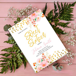 Guld Blommigt Vår Sweet sixteen Inbjudningar