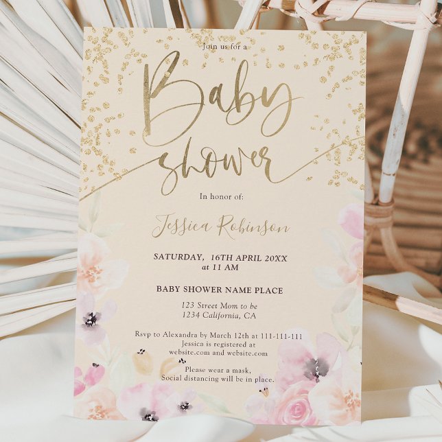 Guld blommigt vattenfärgsgill rosa babydusch inbjudningar (Skapare uppladdad)