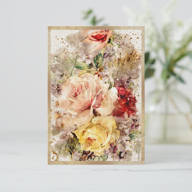 Guld Blommigt Watercolor Abstrakt Tack Kort (Stående Fram)