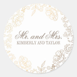 Guld Blommigt White Vintage bröllop Monogram Runt Klistermärke