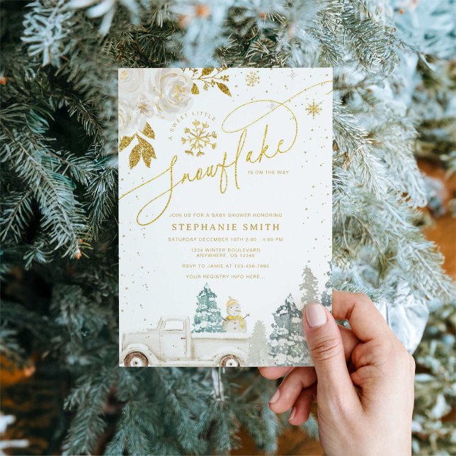 Guld Blommigt Winter Snowflake Baby Shower Inbjudningar (Skapare uppladdad)