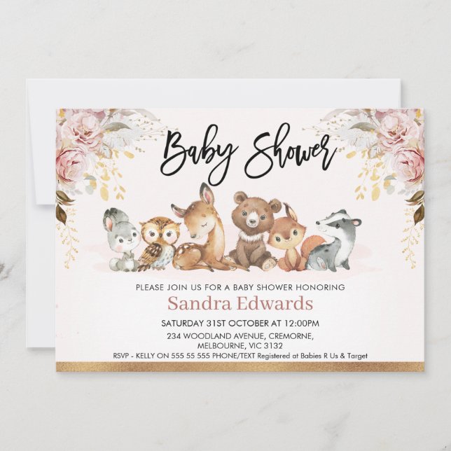  Guld Blommigt Woodland Baby Shower Inbjudningar (Framsida)