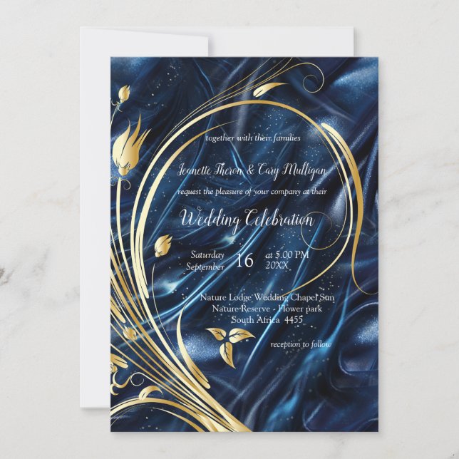 Guld-blommor i abstrakt på Simmery Blue Silke Inbjudningar (Framsida)