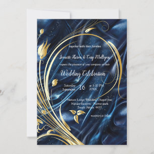Guld-blommor i abstrakt på Simmery Blue Silke Inbjudningar