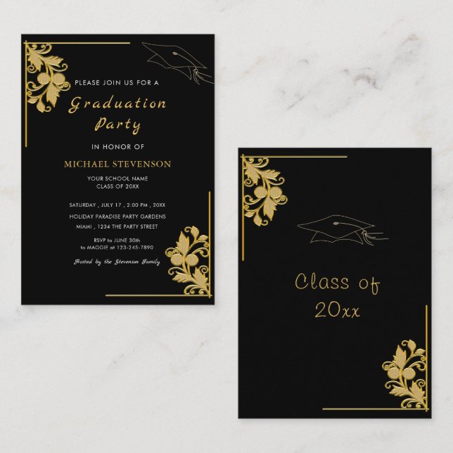 Guld Blommor Ram Exempel på examensinbjudan Anteckningskort (Fram/baksida)