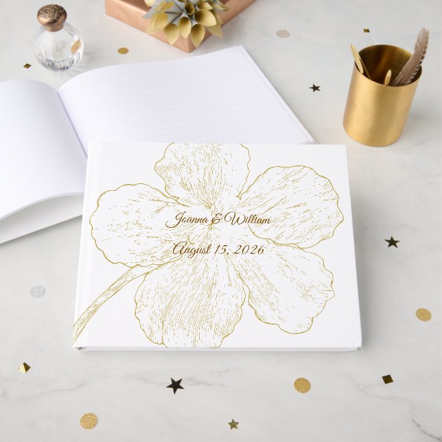 Guld Blommotiv Linjekonst Botanisk Bröllop Gästböcker (Framsida Öppen)