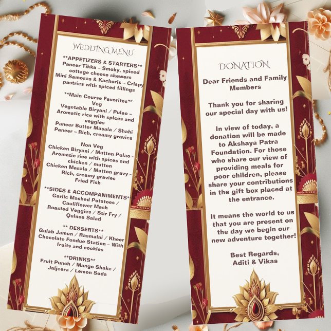 Guld Blommotiv Utförlig Asymmetrisk Indisk Bröllop Meny (Gold Floral Motif Ornate Asymmetric Indian Wedding Menu)