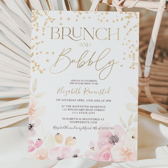 Guld blomstervattenfärg brunch bubblig bröllopsfes inbjudningar (Skapare uppladdad)