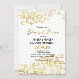 Guld, blomstrande Blommigt Rehearsal Dinner Inbjud Inbjudningar