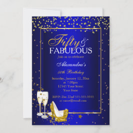 Guld Blue 50 Fabulous Birthday champagne party Inbjudningar