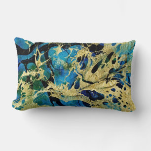 Guld, Blue and Black Art - Abstrakt Golden Sea Lumbarkudde