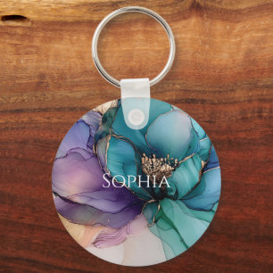 Guld Blue Aqua Lila Flower Möhippa Nyckelring