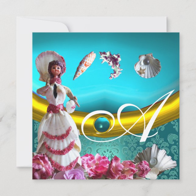 GULD BLUE AQUAMARINE DAMASK BEACH WEDDING MONOGRAM INBJUDNINGAR (Framsida)