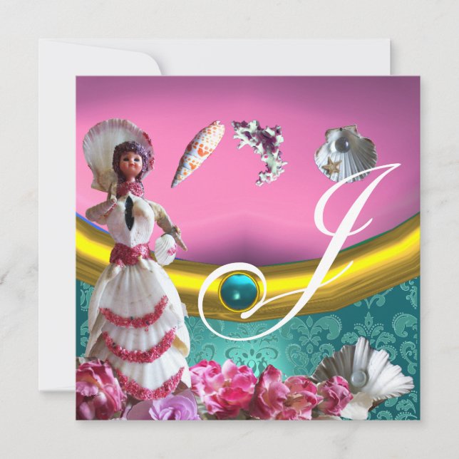 GULD BLUE AQUAMARINE DAMASK BEACH WEDDING MONOGRAM INBJUDNINGAR (Framsida)