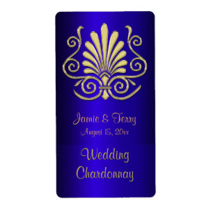 Guld Blue Art Deco Damask Party Vin Etikett 2 Fraktsedel