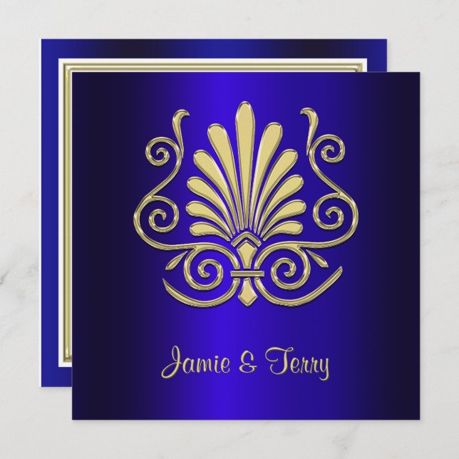 Guld Blue Art Deco Damask Wedand Inbjudan 2 (Fram/baksida)