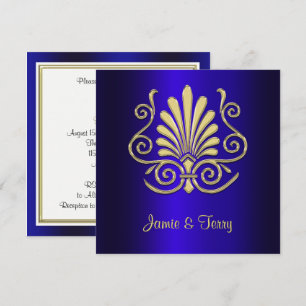 Guld Blue Art Deco Damask Wedand Inbjudan 2