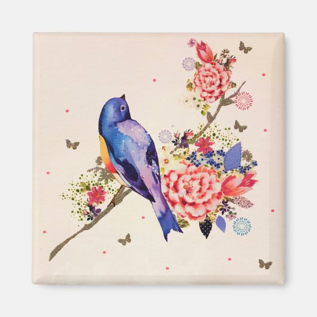 Guld Blue Bird Red Blommigt Butterfly Glitter Magnet (Framsidan)