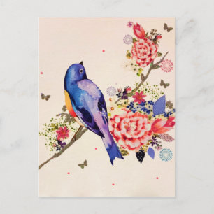 Guld Blue Bird Red Blommigt Butterfly Glitter Vykort