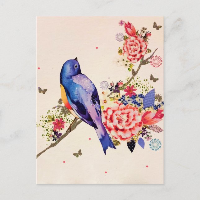 Guld Blue Bird Red Blommigt Butterfly Glitter Vykort (Framsida)