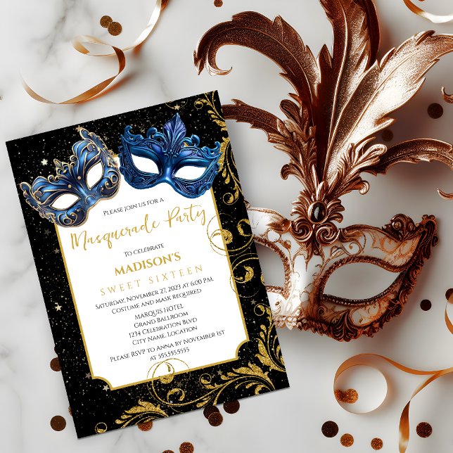 Guld Blue Birthday MasqueraParty Inbjudningar (Celebrate a birthday with an elegant masquerade ball by inviting your guests with this invitation.)