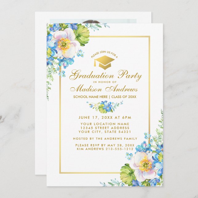 Guld Blue Blommigt Grad Party Inbjudan - Fotostöd  (Fram/baksida)