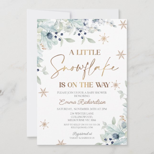 Guld Blue Blommigt Little Snowflake Baby Shower Inbjudningar (Framsida)