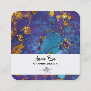 *~* Guld Blue Blommigt Marble Abstrakt Organic Fyrkantigt Visitkort