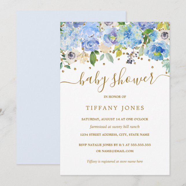 Guld Blue Blommigt Watercolor Baby Shower Inbjudan (Fram/baksida)