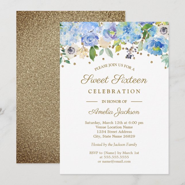 Guld Blue Blommigt Watercolor Sweet sixteen Inbjud Inbjudningar (Fram/baksida)
