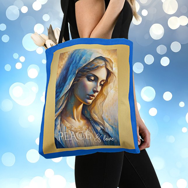 Guld Blue Christian Virgin Mary Tygkasse (Christian tote bag featuring a portrait of the Virgin Mary on sparkling gold with royal blue)